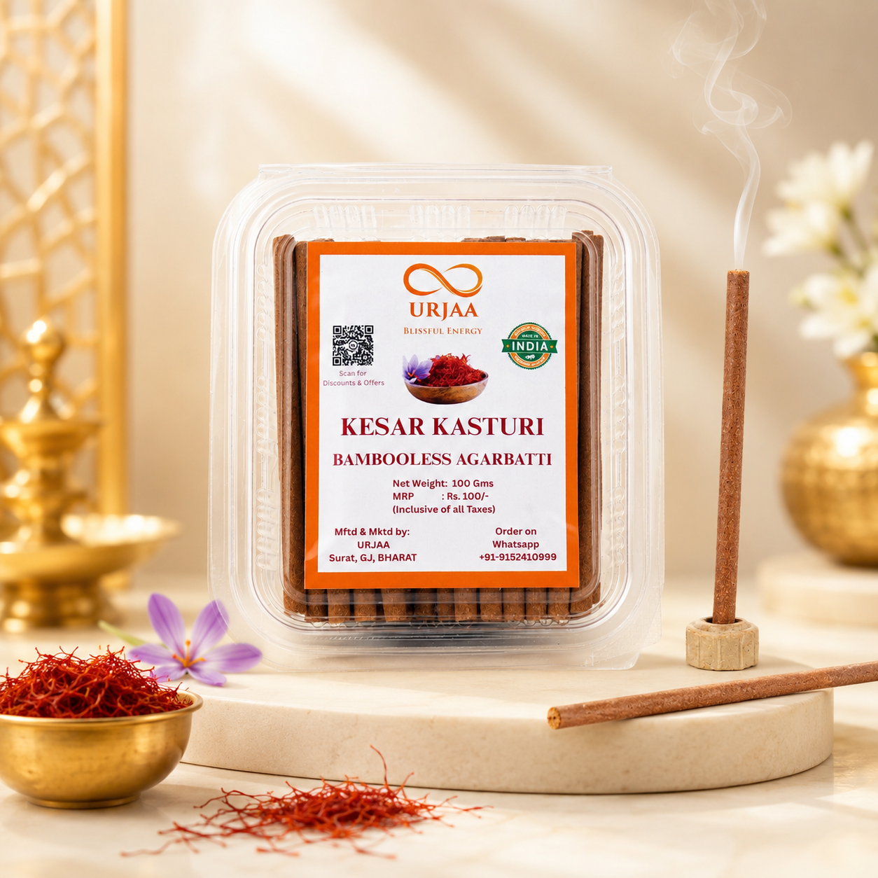 Kesar Kasturi Bambooless Agarbatti 100g | Charcoal-Free Dhoop Sticks.